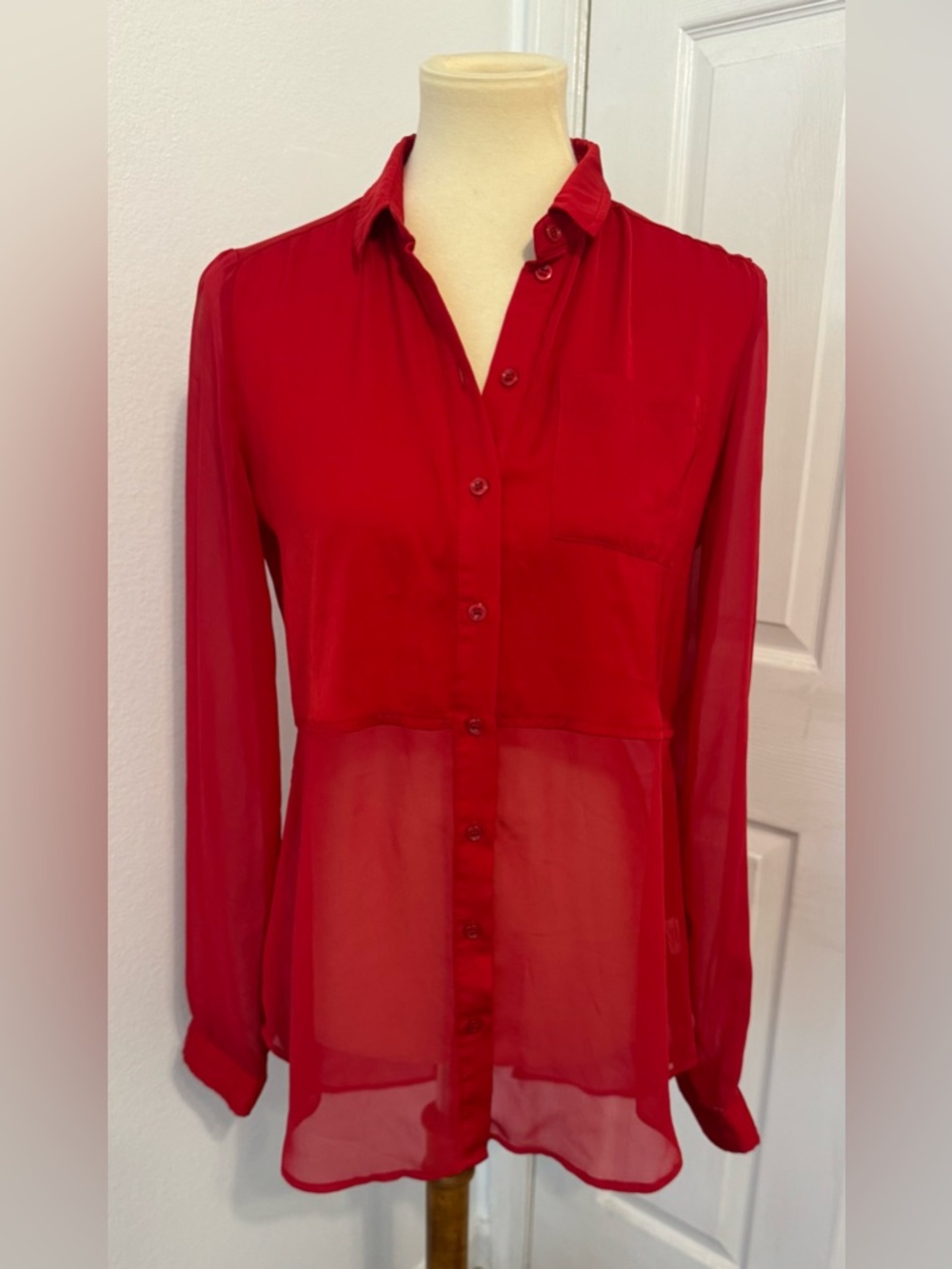Free People Best Of Both Worlds Sheer Top Red 90s Inspired Shirttail Hem XS